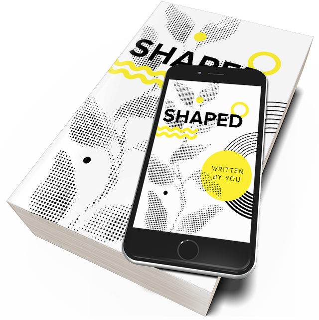 A smartphone showing the cover of a book titled Shaped, on top of the actual book.